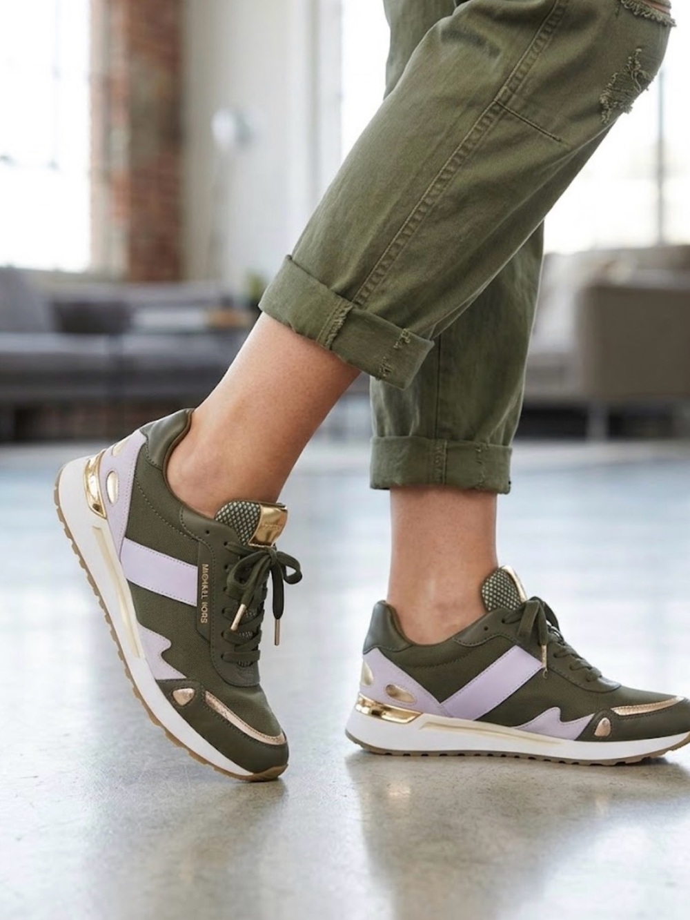 Michael Kors Olive Green  Sneakers with Metallic Gold Accents
